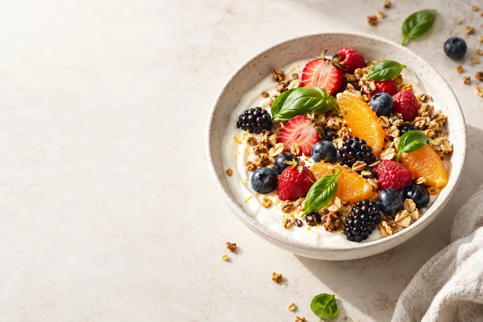 Bol de yaourt, fruits et granola photographié en lumière naturelle